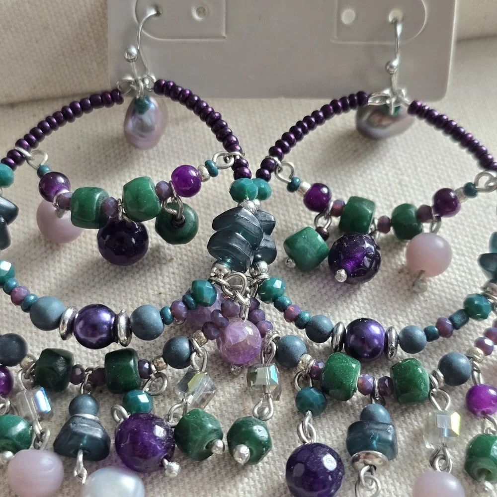 NWT Chico's Declan Green Purple Beaded‎ Chandelier Hoop Earrings Boho Statement